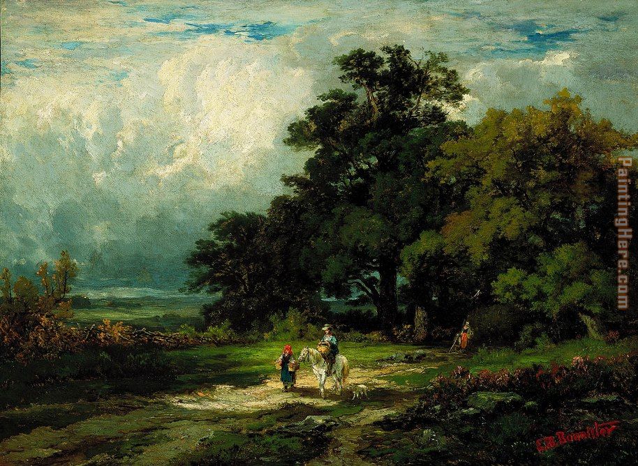 man on horse with woman and dog painting - Edward Mitchell Bannister man on horse with woman and dog art painting